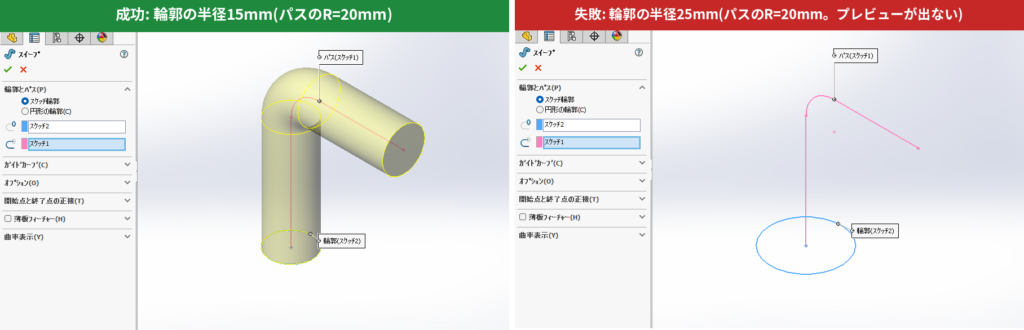 輪郭の半径15mm(成功)と25mm(失敗)の比較。パスのRはどちらも20mm